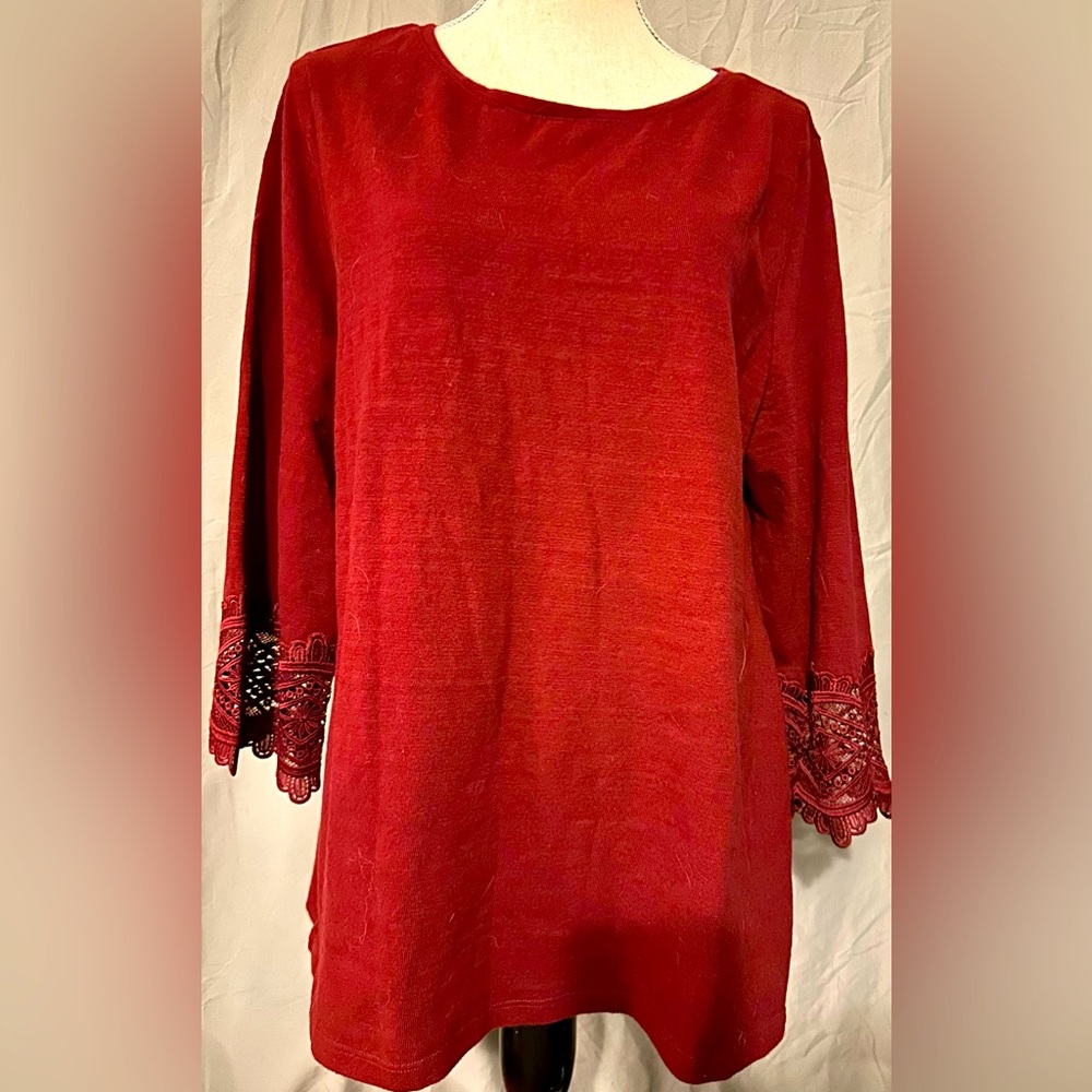 NWOT Charter Club in XL cranberry sweater 100% cotton except for lace sleeves